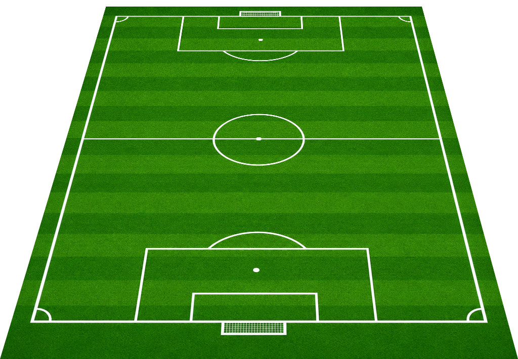 Campo de fútbol con líneas blancas, visto en perspectiva.