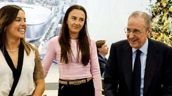 Claudia Zornoza y Caroline Weir, junto a Florentino Pérez durante la comida navideña del club.
