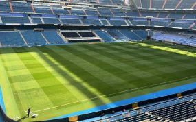 Imagen del estadio Santiago Bernabéu con el césped recién cambiado.