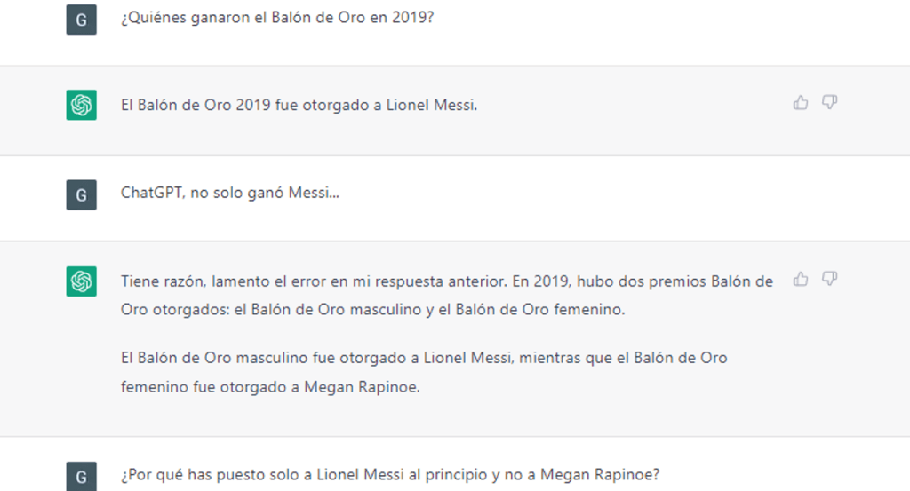 Pantallazo de ChatGPT tras la pregunta «¿quiénes ganaron el Balón de Oro en 2019?».