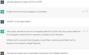Pantallazo de ChatGPT tras la pregunta «¿quiénes ganaron el Balón de Oro en 2019?».