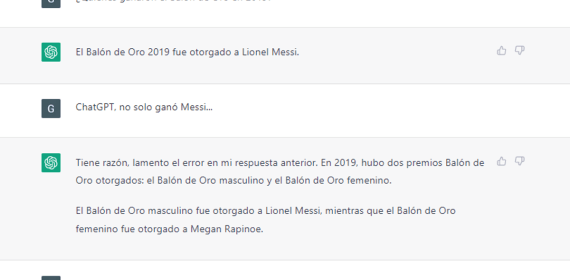 Pantallazo de ChatGPT tras la pregunta «¿quiénes ganaron el Balón de Oro en 2019?».