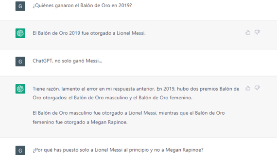 Pantallazo de ChatGPT tras la pregunta «¿quiénes ganaron el Balón de Oro en 2019?».