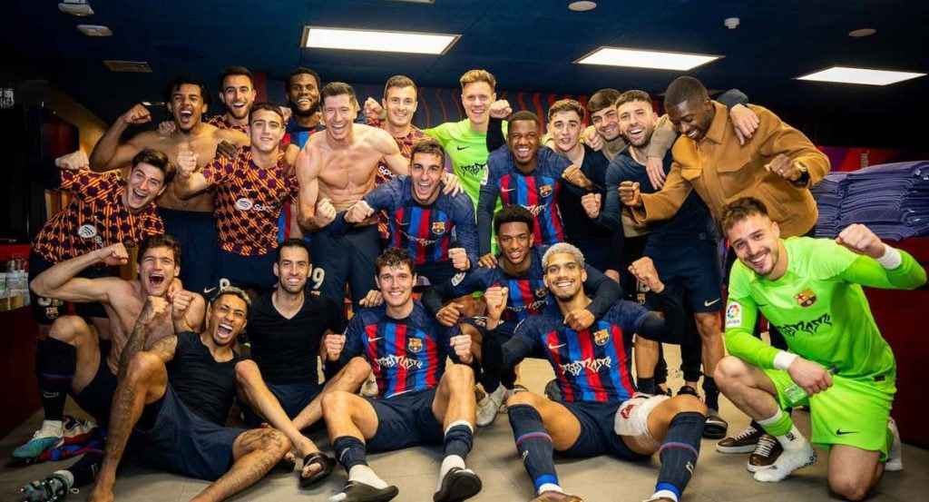 El vestuario del Barça, tras ganar el último Clásico.