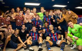 El vestuario del Barça, tras ganar el último Clásico.
