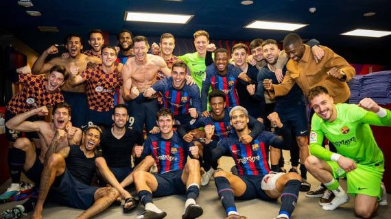 El vestuario del Barça, tras ganar el último Clásico.