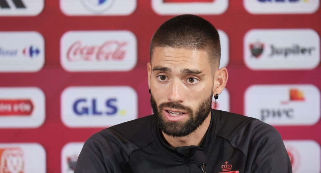 El jugador belga Yannick Ferreira Carrasco, en rueda de prensa durante la concentración con su selección.