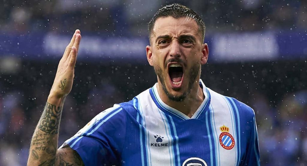 Joselu celebra un gol con el Espanyol.