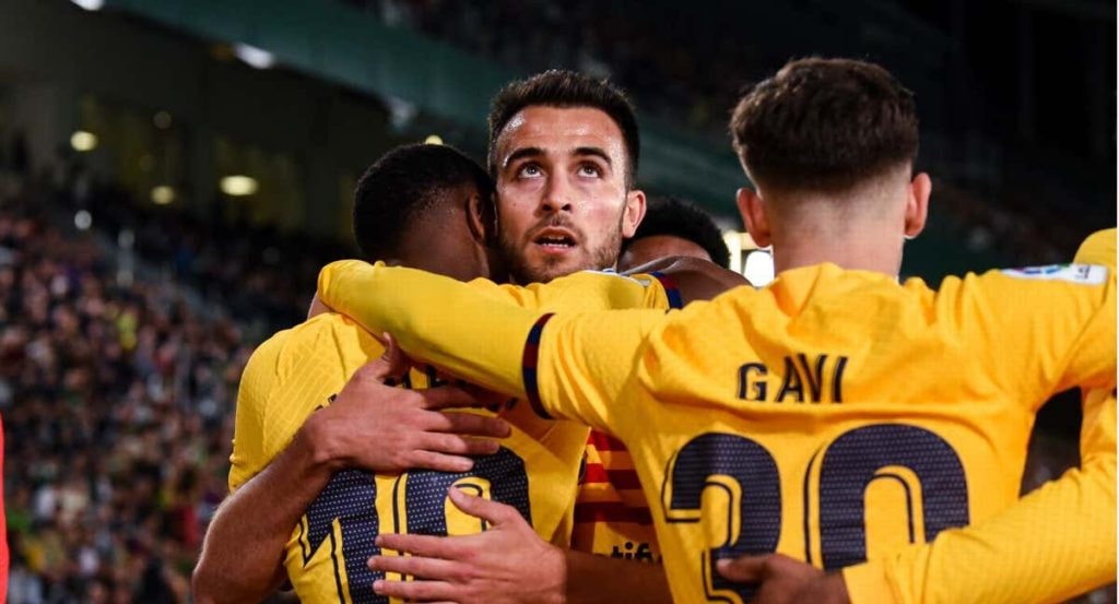 Ansu Fati, Eric Garcia y Gavi, tres canteranos, celebran un gol del Barça en Elche.