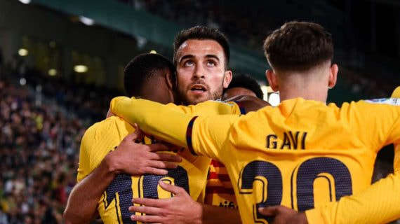 Ansu Fati, Eric Garcia y Gavi, tres canteranos, celebran un gol del Barça en Elche.