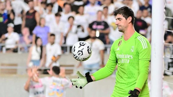 Thibaut Courtois, en un entrenamiento con el Real Madrid.