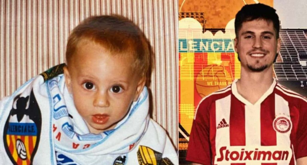 Sergi Canós de bebé con una camiseta del Valencia y en la actualidad.