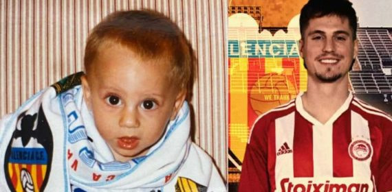 Sergi Canós de bebé con una camiseta del Valencia y en la actualidad.