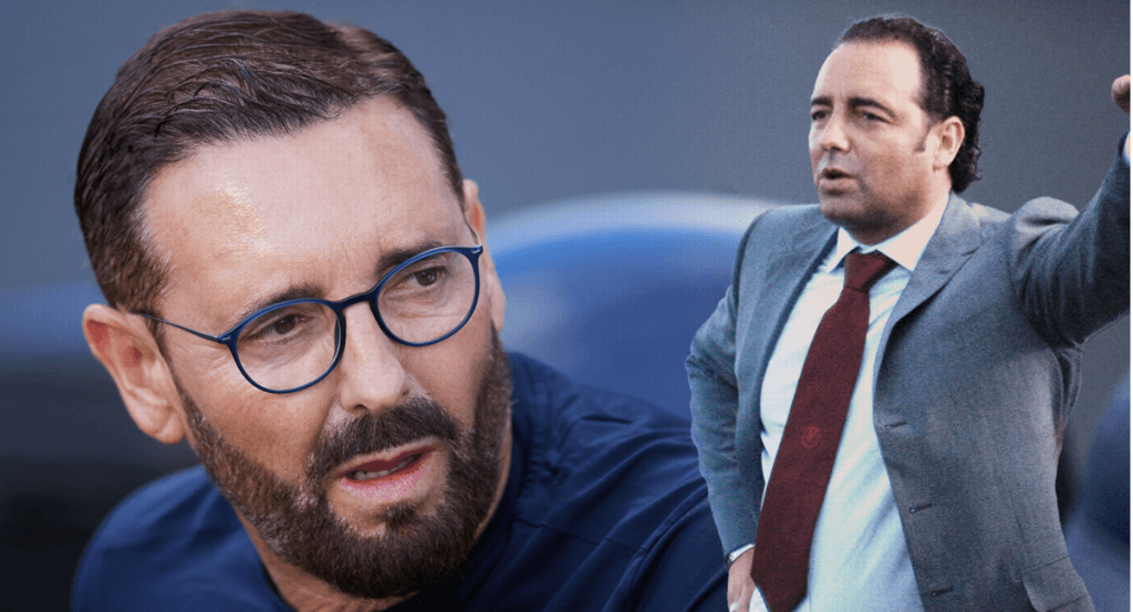 José Bordalás, antes del último partido entre el Real Madrid y el Getafe; y en su etapa como entrenador del Almería.