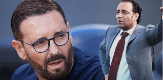 José Bordalás, antes del último partido entre el Real Madrid y el Getafe; y en su etapa como entrenador del Almería.