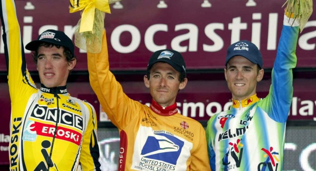Isidro Nozal, Roberto Heras y Alejandro Valverde, en el podio de la Vuelta de 2003.