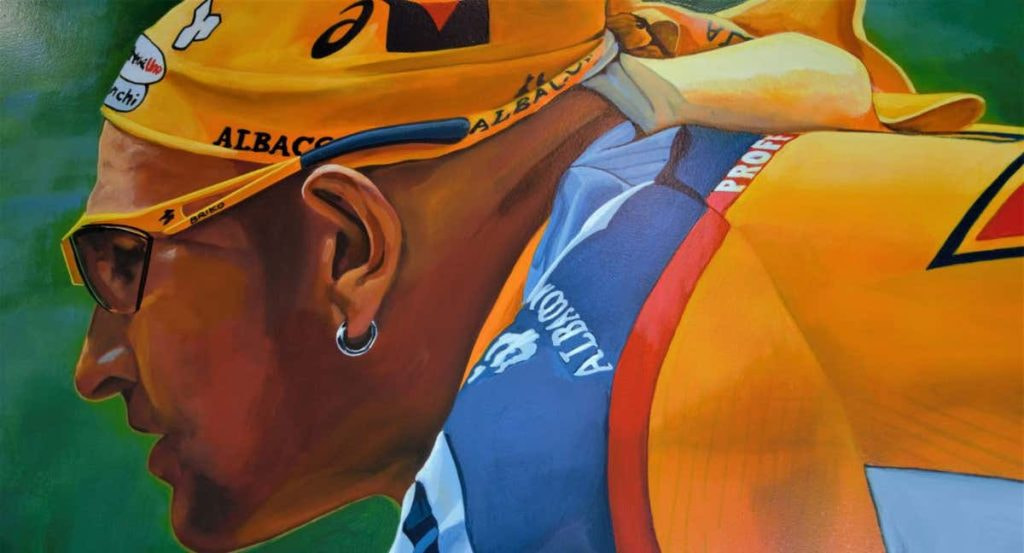 Una pintura de Marco Pantani en el Spazio Pantani de Cesenatico.