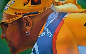 Una pintura de Marco Pantani en el Spazio Pantani de Cesenatico.