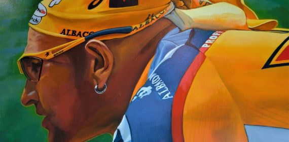 Una pintura de Marco Pantani en el Spazio Pantani de Cesenatico.