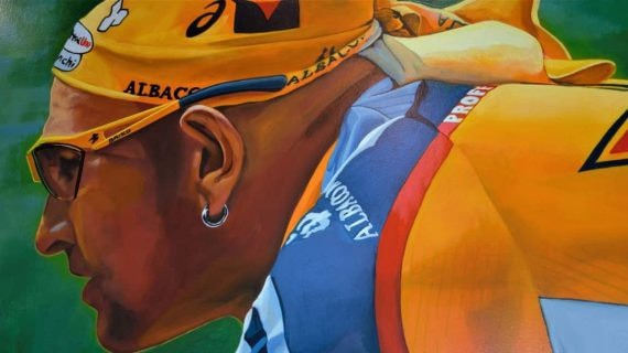 Una pintura de Marco Pantani en el Spazio Pantani de Cesenatico.