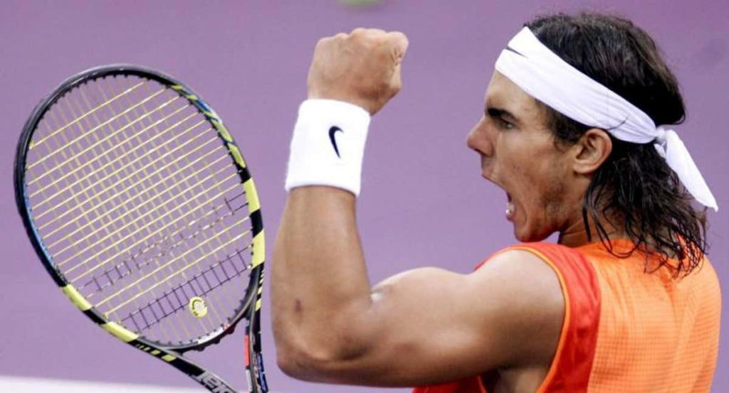 Rafa Nadal celebrando su primera victoria del Mutua Madrid Open.
