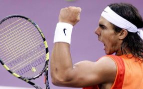 Rafa Nadal celebrando su primera victoria del Mutua Madrid Open.
