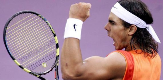 Rafa Nadal celebrando su primera victoria del Mutua Madrid Open.