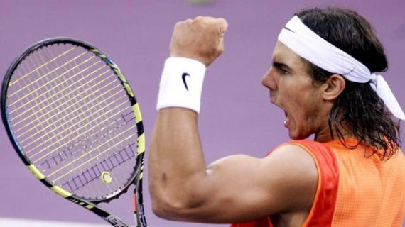 Rafa Nadal celebrando su primera victoria del Mutua Madrid Open.