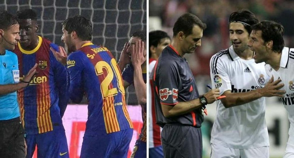 Gil Manzano y Clos Gómez en discusiones en el campo con el Barcelona y el Real Madrid, respectivamente.