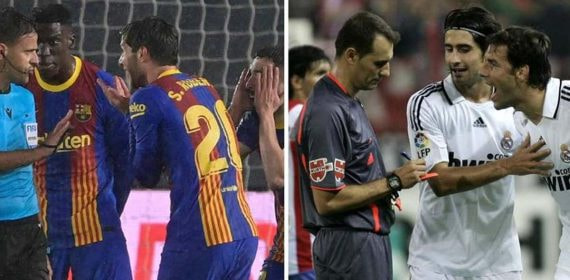 Gil Manzano y Clos Gómez en discusiones en el campo con el Barcelona y el Real Madrid, respectivamente.