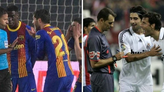 Gil Manzano y Clos Gómez en discusiones en el campo con el Barcelona y el Real Madrid, respectivamente.