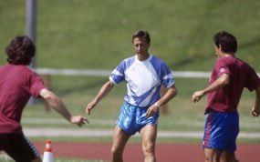 Johan Cruyff, en un entrenamiento en los años 90 con Bakero y Begiristain en el FC Barcelona.
