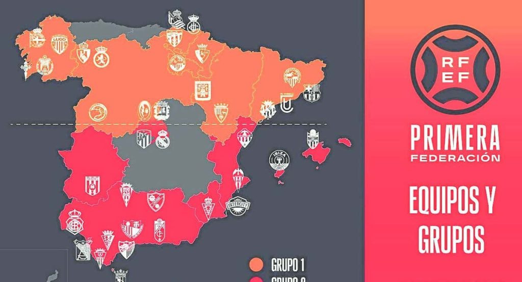 La distribución de los 40 equipos de Primera Federación por el territorio español para la temporada 2023-24.