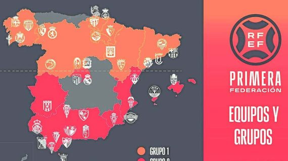 La distribución de los 40 equipos de Primera Federación por el territorio español para la temporada 2023-24.