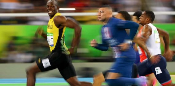 Usain Bolt, plusmarquista mundial de los 100 y los 200 metros, y Kylian Mbappé.