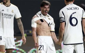 Brahim celebra un gol con el Real Madrid esta temporada.