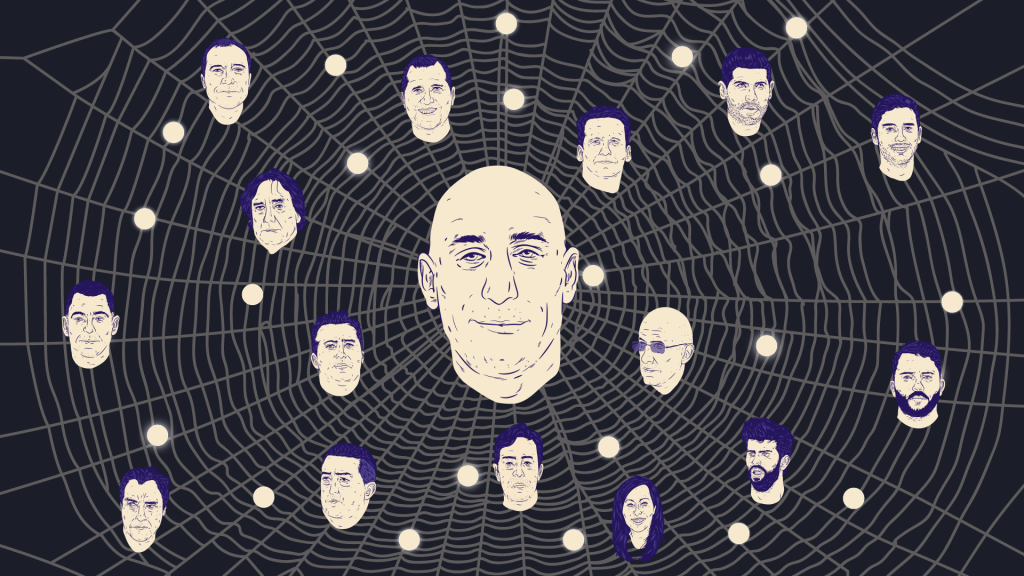 Ilustración de una telaraña con el rostro de Luis Rubiales en el centro, rodeado de los implicados