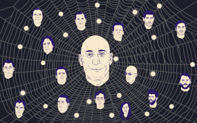 Ilustración de una telaraña con el rostro de Luis Rubiales en el centro, rodeado de los implicados
