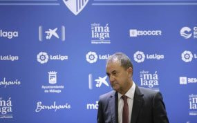 José María Muñoz en la sala de prensa de La Rosaleda.