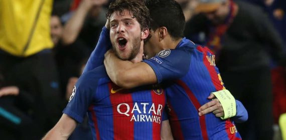 Sergi Roberto celebra el gol de la victoria en la remontada del Barcelona 6-1 PSG.