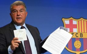 El presidente del Barcelona, Joan Laporta, en una comparecencia de prensa.
