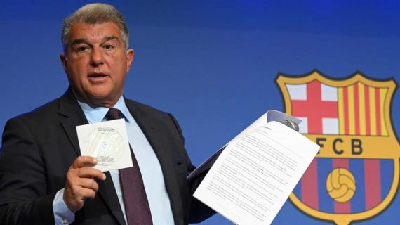 El presidente del Barcelona, Joan Laporta, en una comparecencia de prensa.