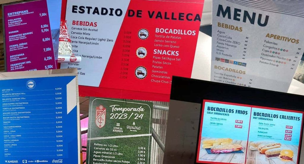 Algunos de los menús en los bares de los estadios de LaLiga.