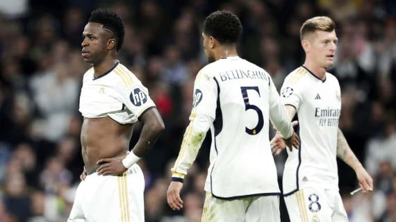 Vinicius, Bellingham y Kroos, en un partido del Real Madrid.
