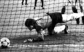 Arconada ve cómo el balón del disparo de Platini traspasa la línea de gol en la final de la Eurocopa de 1984.