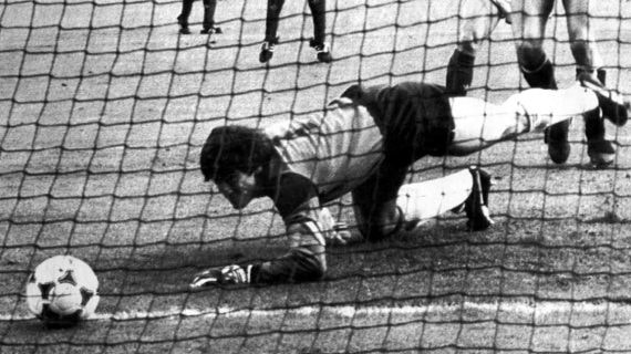 Arconada ve cómo el balón del disparo de Platini traspasa la línea de gol en la final de la Eurocopa de 1984.