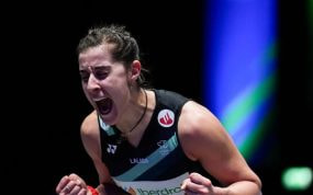 Carolina Marín celebra con rabia su victoria en semifinales contra Tai Tzu Ying en las semifinales de Birmingham el pasado mes de marzo