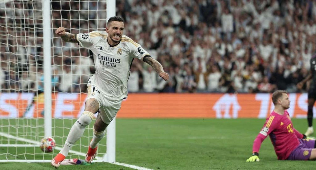 Joselu celebra uno de sus dos goles ante el Bayen de Múnich en las semifinales de Champions.