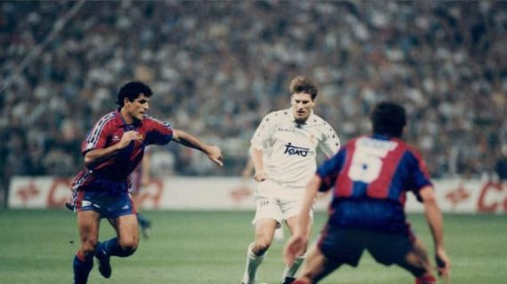 Michael Laudrup, entre Nadal y Popescu, en un Clásico en el Bernabéu.
