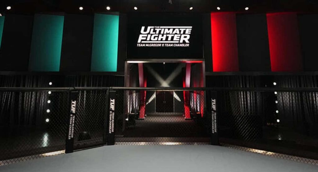 Imagen del octágono del UFC Apex con los colores del TUF.